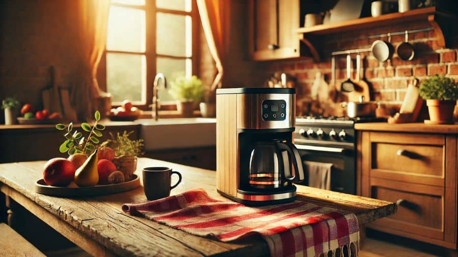 Mesa de cozinha com toalha de xadrez vermelha, com uma cafeteira sobre a mesa