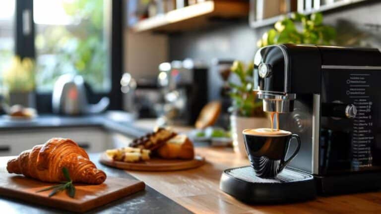 Máquina de café preto em uma cozinha iluminada, com croissants e pães dispostos em um balcão ao lado