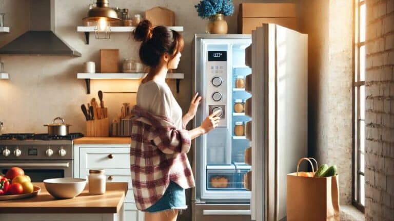 Mulher ajustando o termostato interno do freezer em uma geladeira moderna