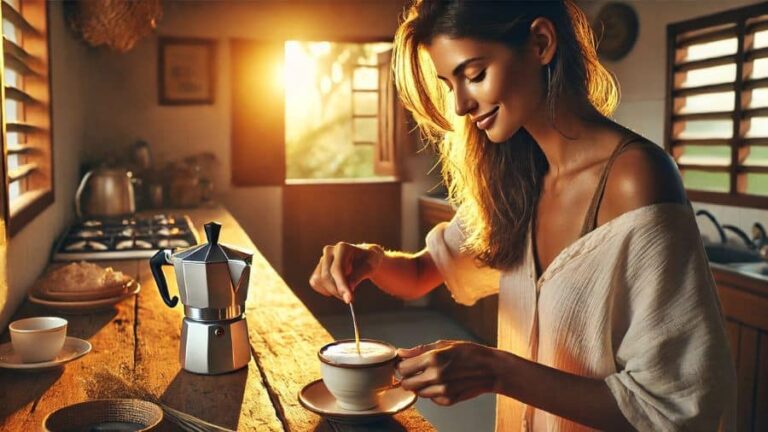 Mulher preparando café cremoso em uma xícara branca na mesa da cozinha