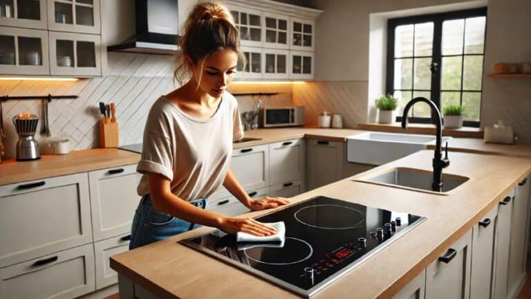 Mulher limpando um cooktop elétrico por indução de 4 bocas com um pano úmido na bancada da cozinha