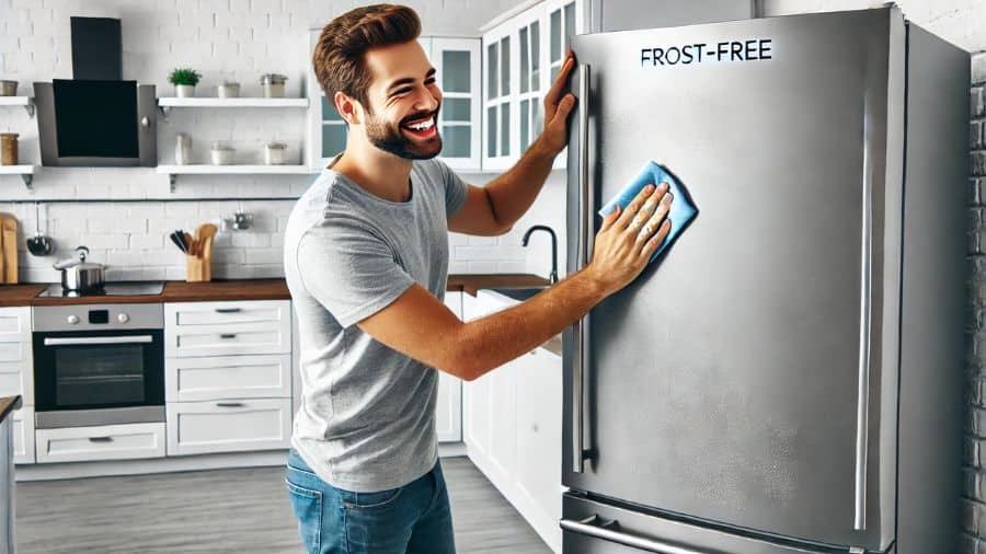 Homem sorridente limpando uma geladeira frost-free em uma cozinha moderna