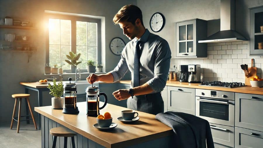 Homem vestindo roupas semi-formais preparando uma xícara de café em uma cozinha moderna iluminada pela luz da manhã