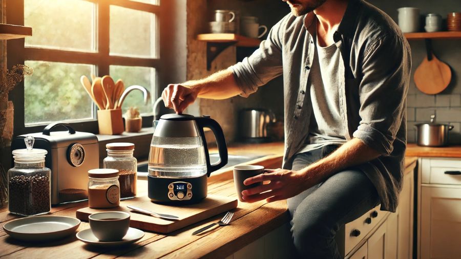 homem preparando um café quentinho na cozinha com uma chaleira elétrica