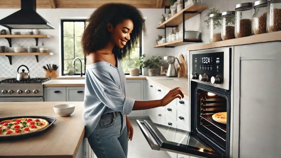 Mulher ajustando um forno elétrico no modo de fazer pizza em uma cozinha moderna