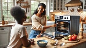 Mulher ensinando outra pessoa a usar um forno elétrico em uma bancada de cozinha moderna