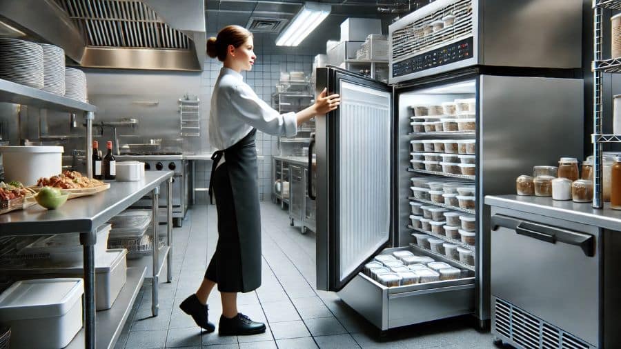 mulher guardando alimentos em freezer de um restaurante