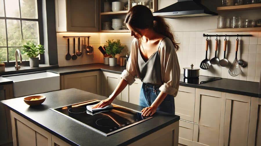 Mulher limpando com pano úmido um cooktop elétrico por indução na bancada de uma cozinha