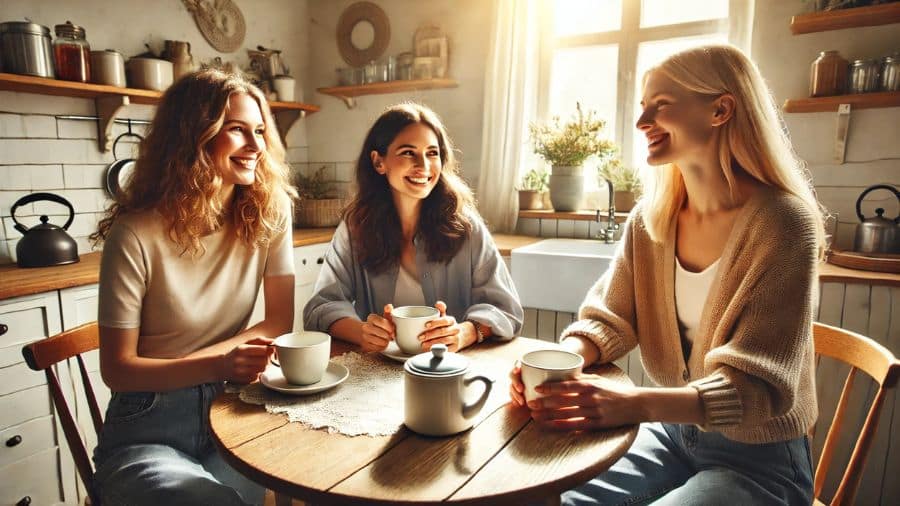 Três mulheres sentadas em uma mesa de cozinha, tomando xícaras de café quentinho