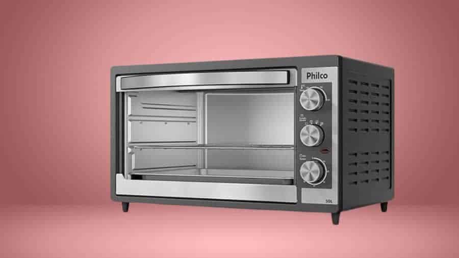 Forno elétrico de bancada 50 litros Philco com acabamento inox e porta de vidro, usado como imagem destacada do artigo