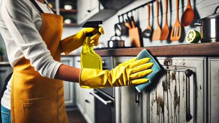 Mulher com luvas amarelas limpando armário de cozinha engordurado com pano e spray, em um ambiente moderno e organizado