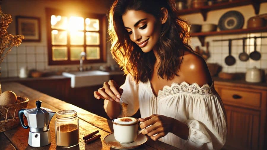 Mulher adicionando canela ao café cremoso na mesa da cozinha ao entardecer