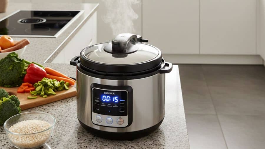 Panela de pressão elétrica em funcionamento sobre bancada de cozinha, com vapor saindo pela tampa e legumes ao fundo