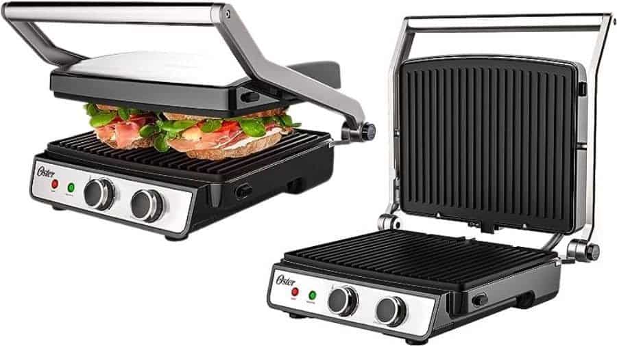 Imagem da sanduicheira elétrica com placa removível Oster Inox 2 em 1 OGRL660 no formato paisagem