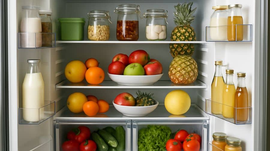 Geladeira aberta e organizada com frutas, verduras e bebidas dispostas em prateleiras e gavetas iluminadas
