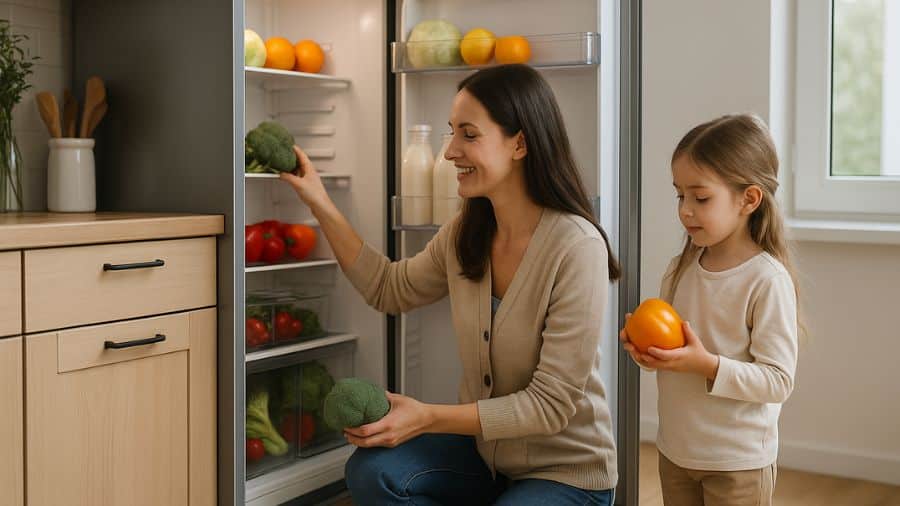 Mulher e filha organizam alimentos na geladeira em cozinha iluminada e moderna