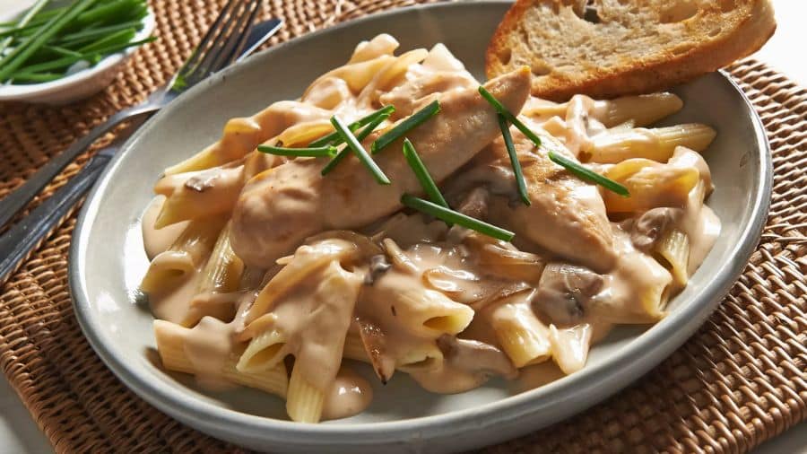 Prato de strogonoff de frango cremoso com penne e cogumelos, servido com torrada e cebolinha fresca
