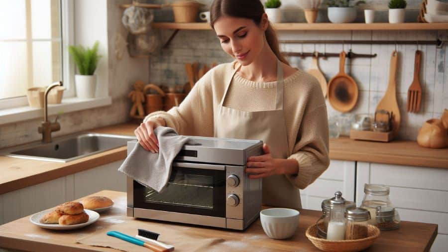 Mulher limpando forno elétrico em cozinha rústica com utensílios de madeira, usada como imagem destacada do artigo