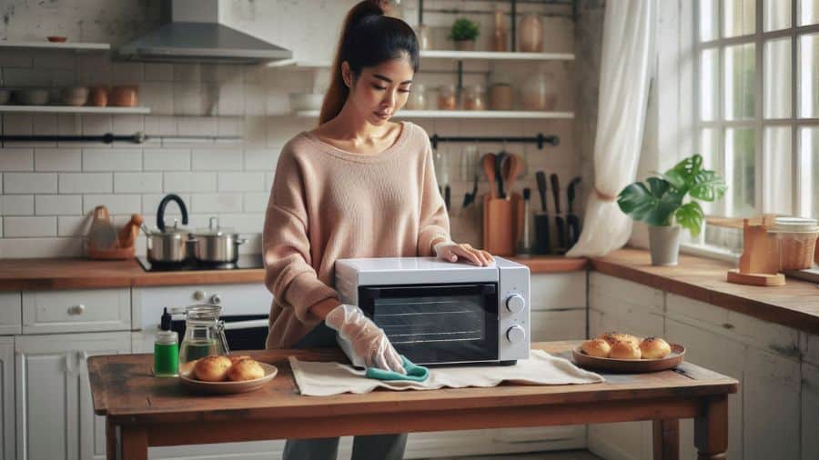 Mulher limpando forno elétrico em cozinha rústica com pães na mesa e produtos de limpeza ao lado