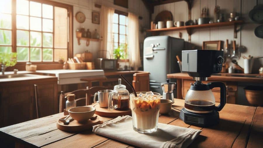Copo de café gelado cremoso com gelo em destaque sobre bancada de madeira em cozinha rústica com luz natural