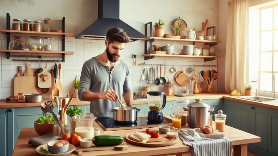 Homem cozinhando em cozinha bem iluminada com utensílios organizados, liquidificador e ingredientes frescos sobre a mesa
