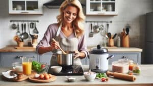 Mulher cozinhando em cozinha moderna com panela elétrica, ingredientes frescos e utensílios organizados na bancada