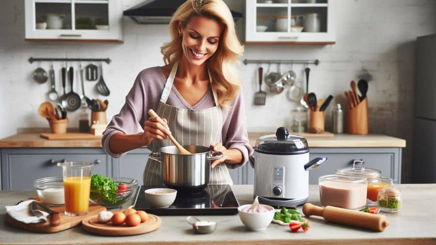 Mulher cozinhando em cozinha moderna com panela elétrica, ingredientes frescos e utensílios organizados na bancada