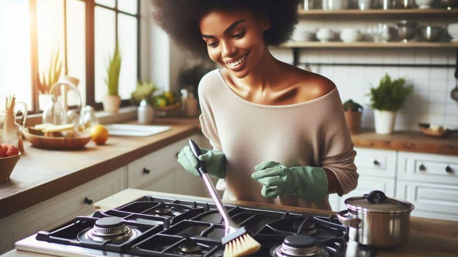 Mulher usando luvas verdes e escova para limpar grades de fogão inox em cozinha bem iluminada