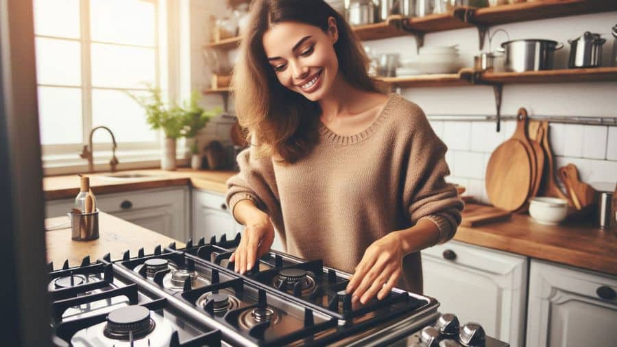 Mulher sorrindo enquanto limpa fogão de inox com grades removíveis em cozinha clara e organizada