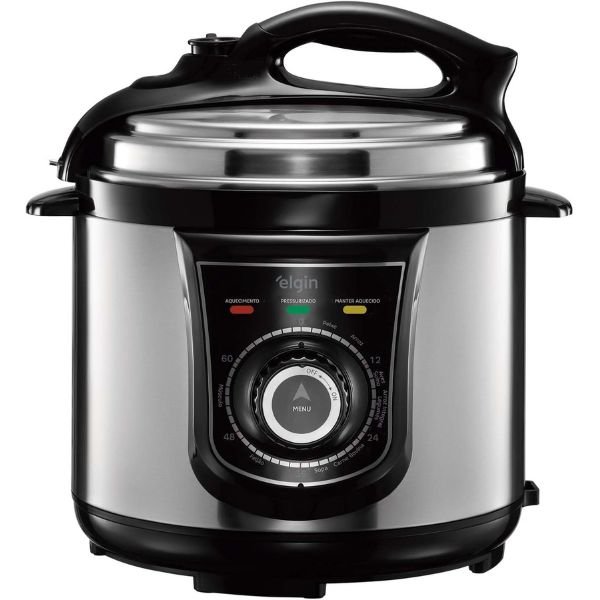 Imagem da panela de pressão elétrica Elgin 42PPR no formato quadrado com foco nos detalhes visuais