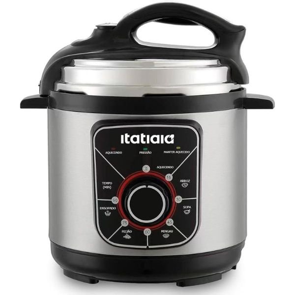 Imagem da panela de pressão elétrica Itatiaia PPESS1 no formato quadrado com foco nos detalhes visuai