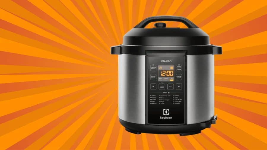 Panela de pressão elétrica Electrolux em fundo laranja com raios, usada como imagem destacada do artigo