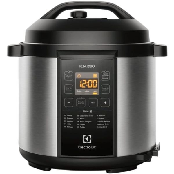 Imagem da panela de pressão elétrica Electrolux Experience PCC20 no formato quadrado com foco nos detalhes visuais