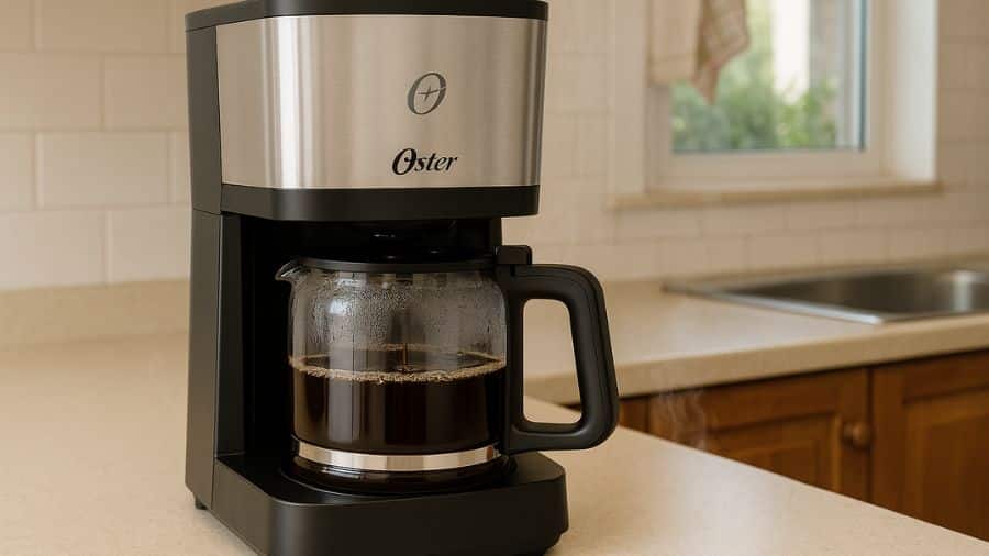 Cafeteira elétrica Oster com jarra de vidro preparando café sobre bancada clara, usada como imagem destacada do artigo