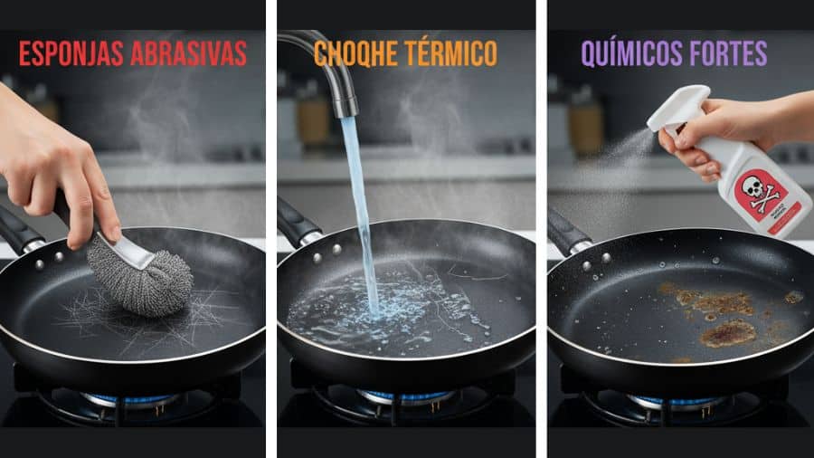 Exemplos visuais de erros comuns ao limpar frigideira antiaderente: esponja abrasiva, choque térmico e uso de químico forte