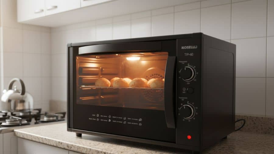 Forno Nardelli Top60 assando pães de queijo com luz interna acesa sobre bancada de cozinha azulejada