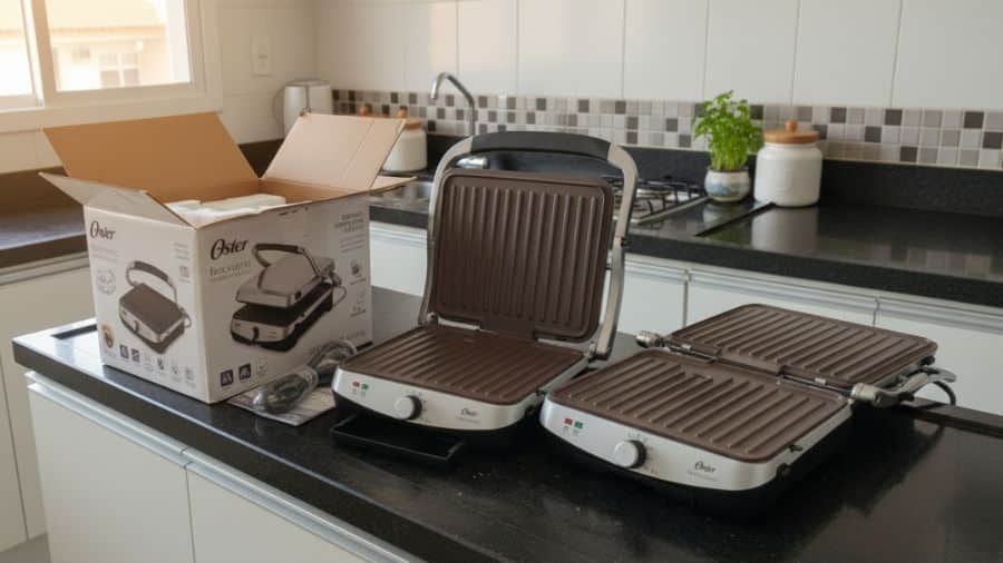 Grill Oster Bioceramic 2 em 1 com chapas abertas a 180 graus sobre bancada de cozinha iluminada