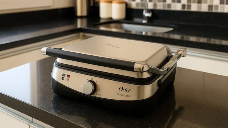 Grill Oster Bioceramic 2 em 1 fechado sobre bancada de cozinha moderna, usado como imagem destacada do artigo