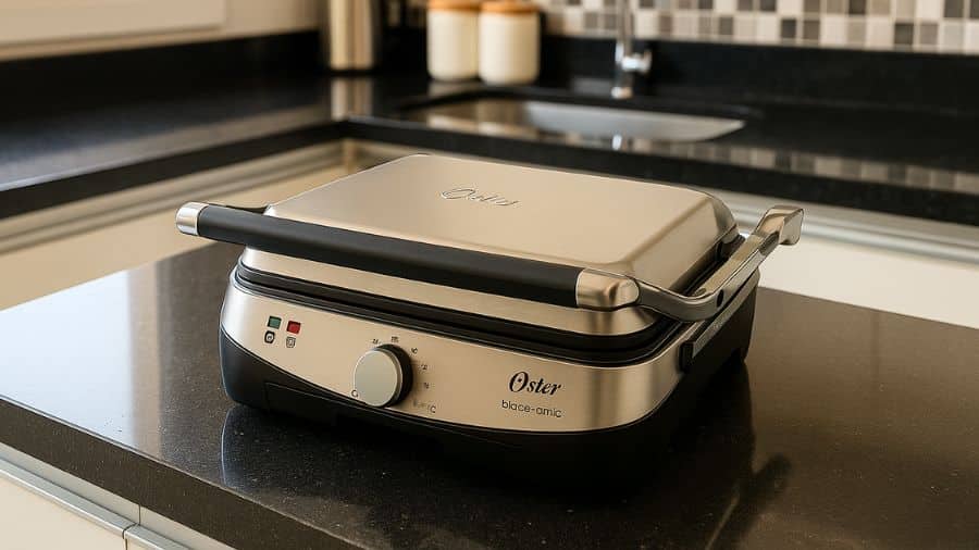 Grill Oster Bioceramic 2 em 1 fechado sobre bancada de cozinha moderna, usado como imagem destacada do artigo