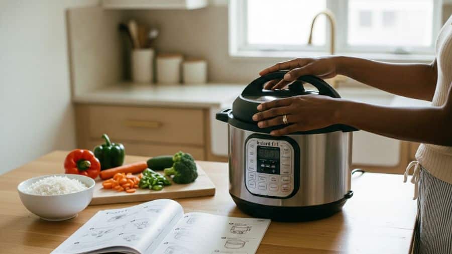 Panela de pressão elétrica sobre bancada com manual aberto e ingredientes ao lado, usada como imagem destacada do artigo