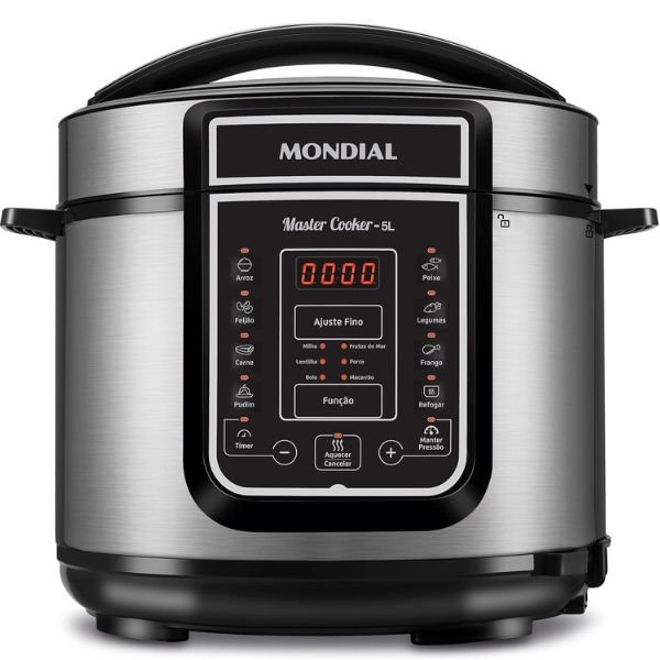 Imagem da panela de pressão elétrica Mondial Digital Master Cooker PE-38 no formato quadrado com foco nos detalhes visuais