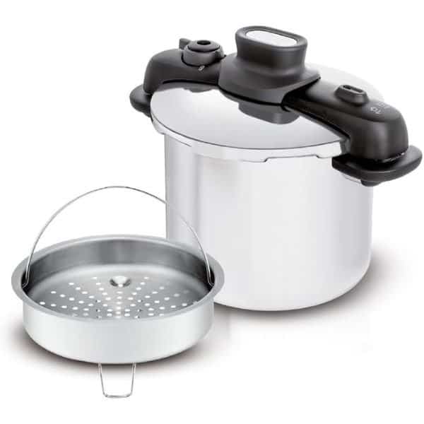 Imagem da panela de pressão para fogão de indução Tefal Optispace no formato quadrado com foco nos detalhes visuais