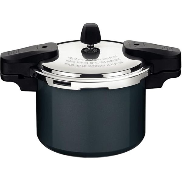 Imagem da panela de pressão Tramontina Torino no formato quadrado com foco nos detalhes visuais