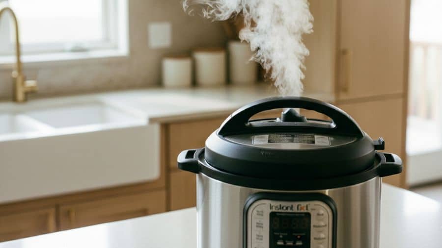 Panela de pressão elétrica sobre bancada liberando vapor pela válvula em ambiente de cozinha iluminado