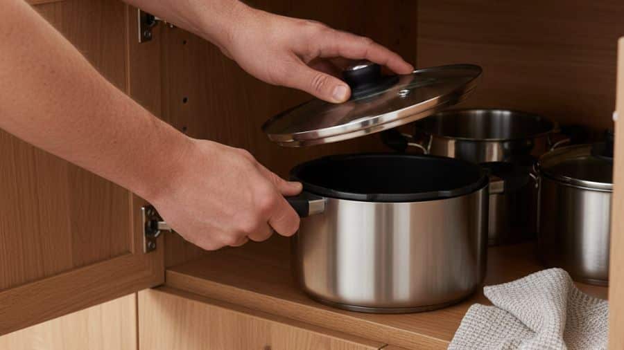 Panela de pressão elétrica sendo guardada com tampa aberta em armário ventilado