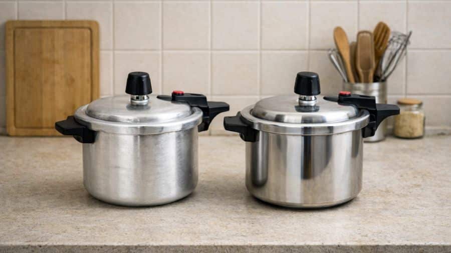 Panelas de pressão de alumínio e inox lado a lado sobre bancada de cozinha doméstica