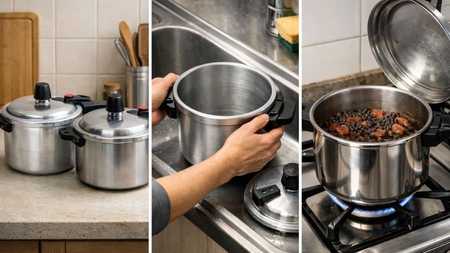 Comparação entre panela de pressão de alumínio e inox em uso doméstico, mostrando manuseio, preparo e diferenças de material na cozinha