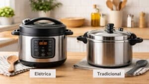 Panela de pressão elétrica e tradicional lado a lado em uma mesa simples de cozinha para comparação