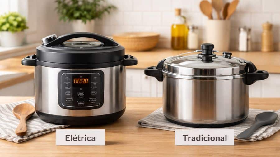 Panela de pressão elétrica e tradicional lado a lado em uma mesa simples de cozinha para comparação