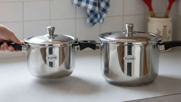 Comparação visual entre panelas de pressão de 4 e 7 litros sobre bancada de cozinha simples